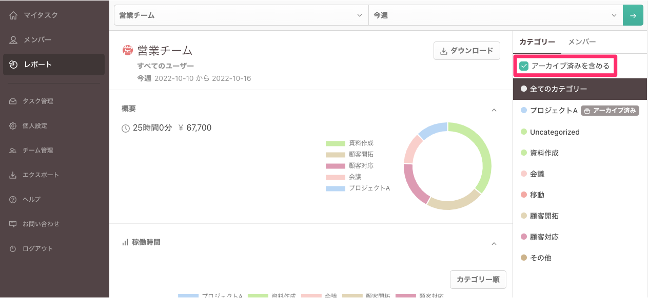 レポート画面のアーカイブ済み表示／非表示チェックボックス