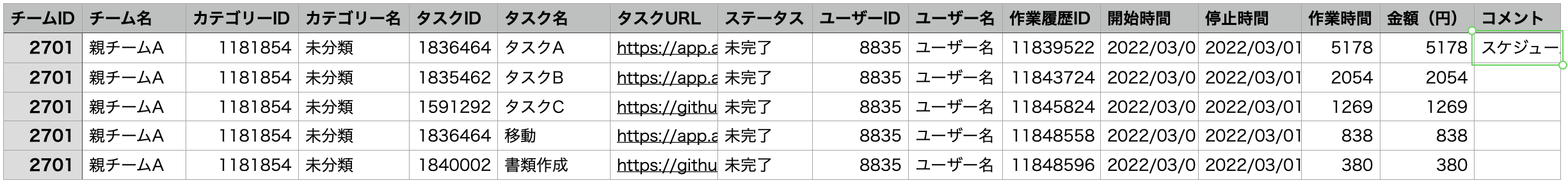 作業履歴単位の場合