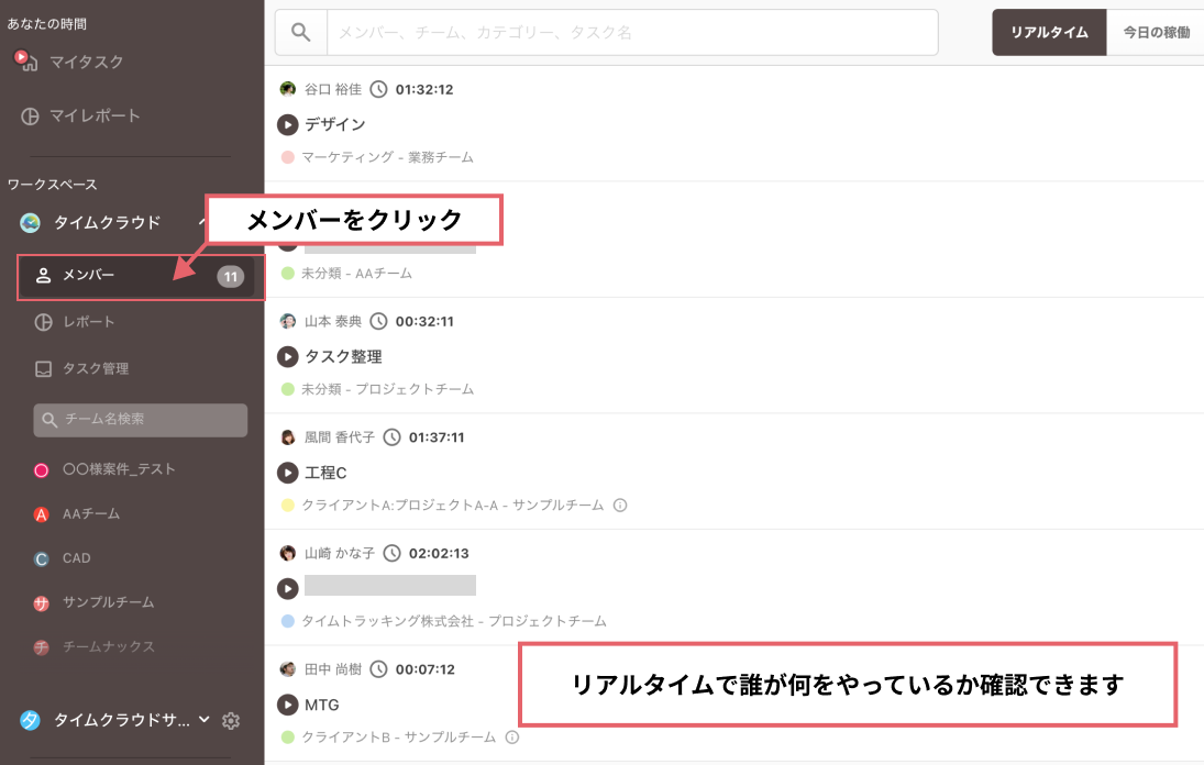 リアルタイムタブ：現在稼働中のメンバーと作業内容が表示される