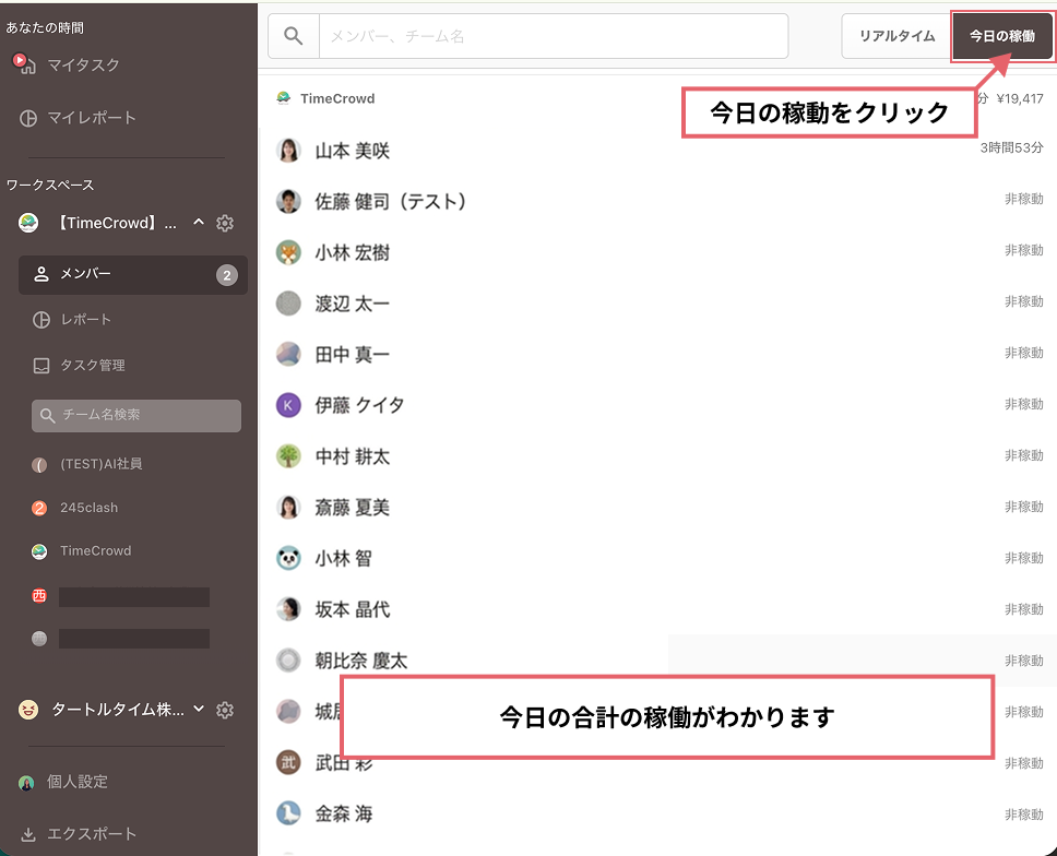 今日の稼働タブ：チームごとにメンバーの稼働時間が表示される